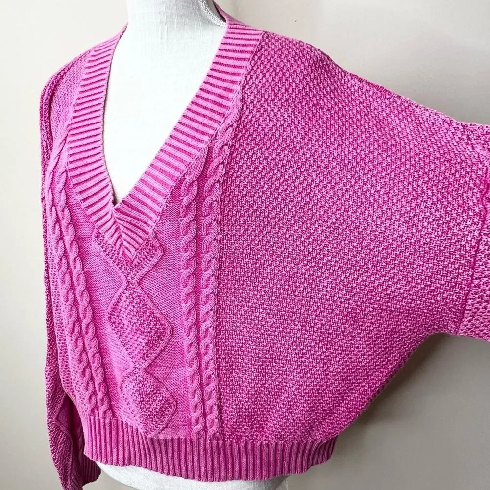 POL Mineral Washed Pink Cable Knit Relaxed Fit Sweater Medium